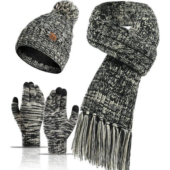 Women's Winter Warm Skull Caps Knit Gloves Beanie Neck Scarves Black 3 Set - Picture 4 of 6
